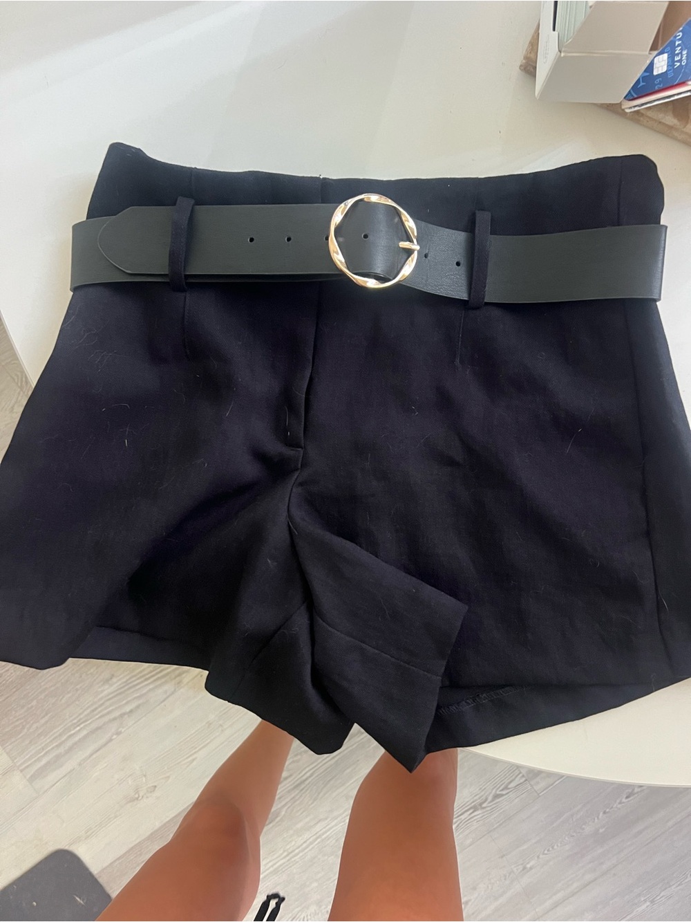 Zara Black High-Waist Shorts with Gold Circle Buckle Belt